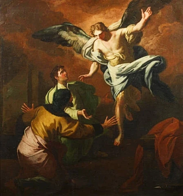 El arcángel Gabriel desciende en una nube de luz hacia el profeta Daniel, que lo mira con las manos abiertas