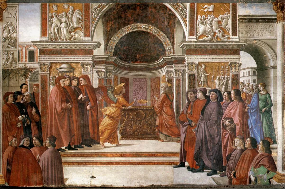 Gabriel, de pie a un lado del altar del incienso, se aparece al sacerdote Zacarías ante la gente del templo